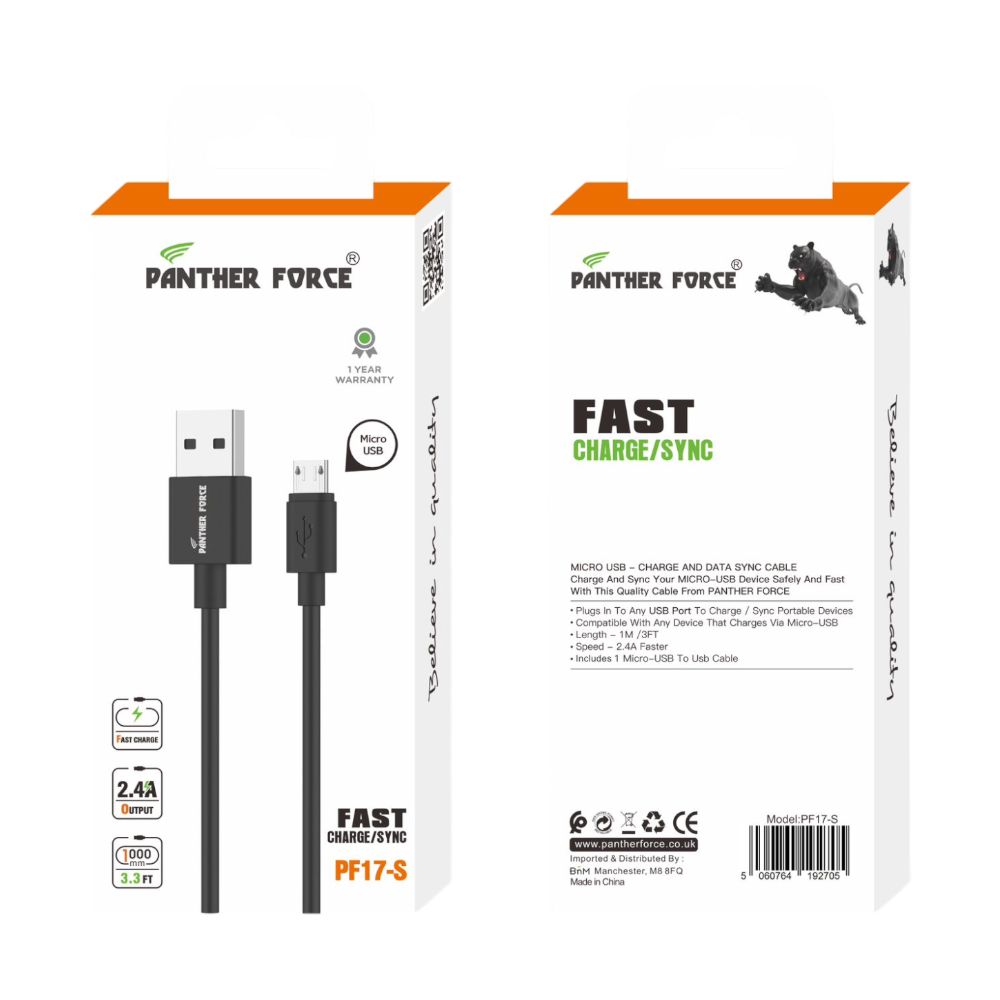 Panther Force Fast Charge/Sync - PF17-S - Fast Charging & High-Speed Data Transfer for Micro USB Devices