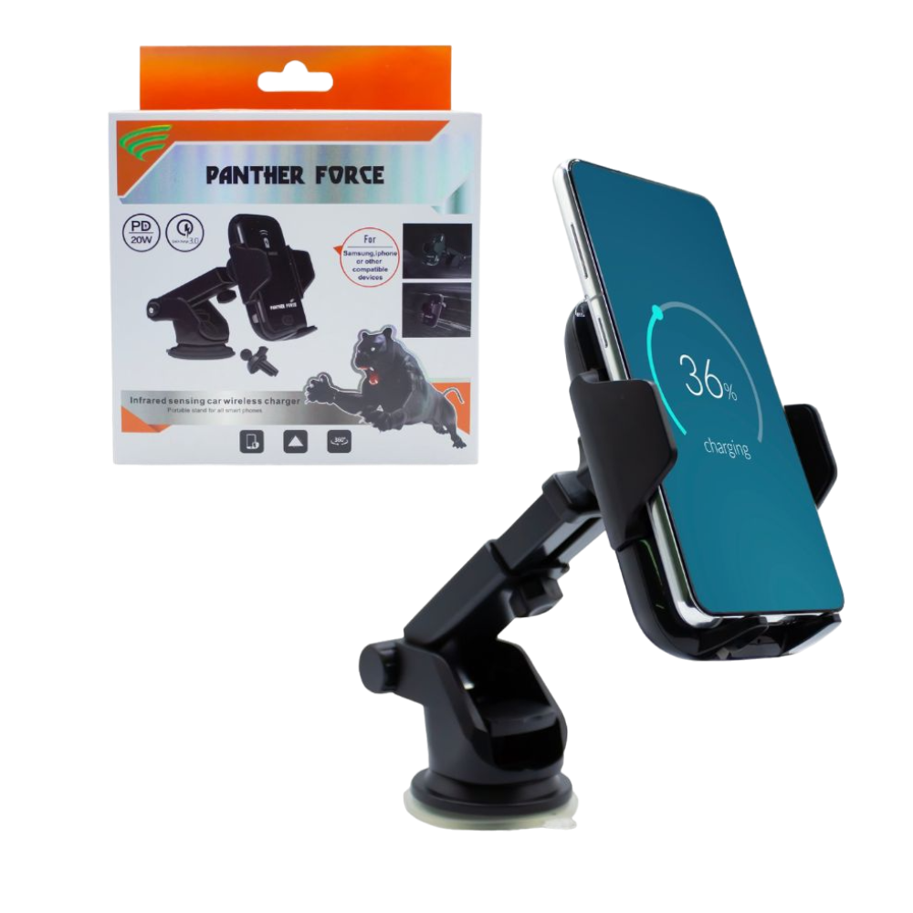 Panther Force Wireless Car Holder -PF176 | Auto-Clamp Phone Mount | 15W Qi Charging | Adjustable Fit | Dashboard & Vent Mount