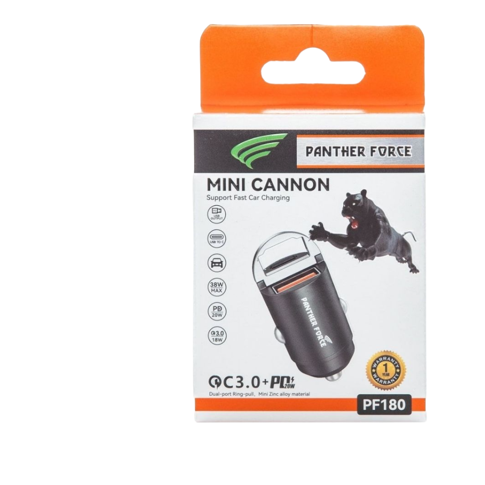 Panther Force Mini-Cannon Type-C + USB-A 20W Car Charger - PF180 - Dual Charging Ports, Fast Charging, Compact Design, Universal Compatibility