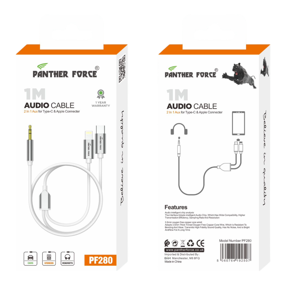 PF280- Panther Force 1M Audio Cable 2-in-1 AUX for Type-C & Apple Connector - Seamless Connectivity, Uninterrupted Power