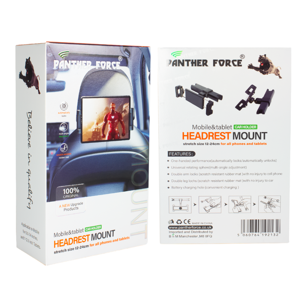 Panther Force Headrest Mount - PF64 | Universal Car Tablet & Phone Holder, 360° Adjustable Viewing, Secure Anti-Slip Grip, Tool-Free Installation, Compact & Travel-Friendly Design