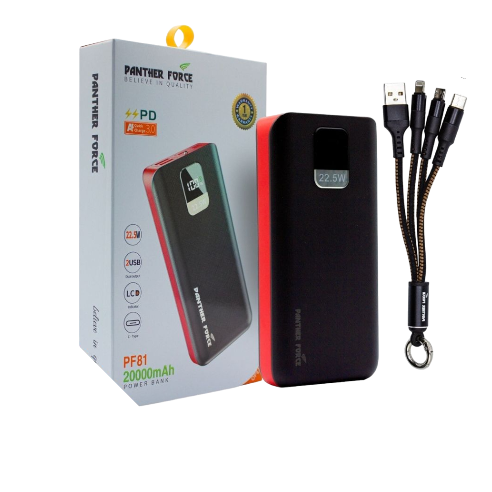 Panther Force PD3.0 20000mAh Power Bank - PF81 //Fast Charging, Dual Output Ports, Compact & Portable, Smart Protection